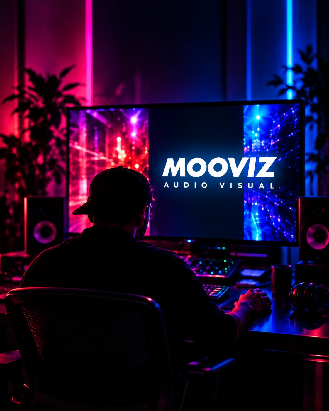 Studio MOOVIZ, lumière magenta et bleue, compositeur de dos face à son écran