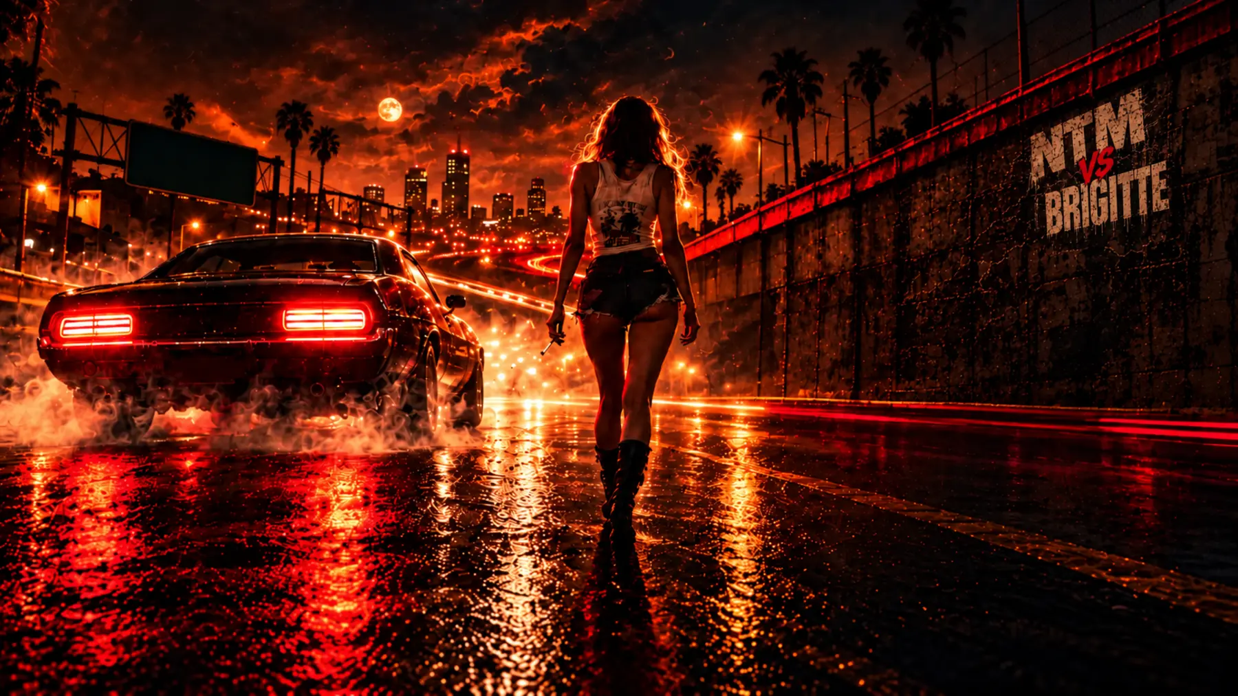 Une femme marche sur une autoroute détrempée de Los Angeles près d'une muscle car, sous un pont portant le lettrage NTM vs Brigitte