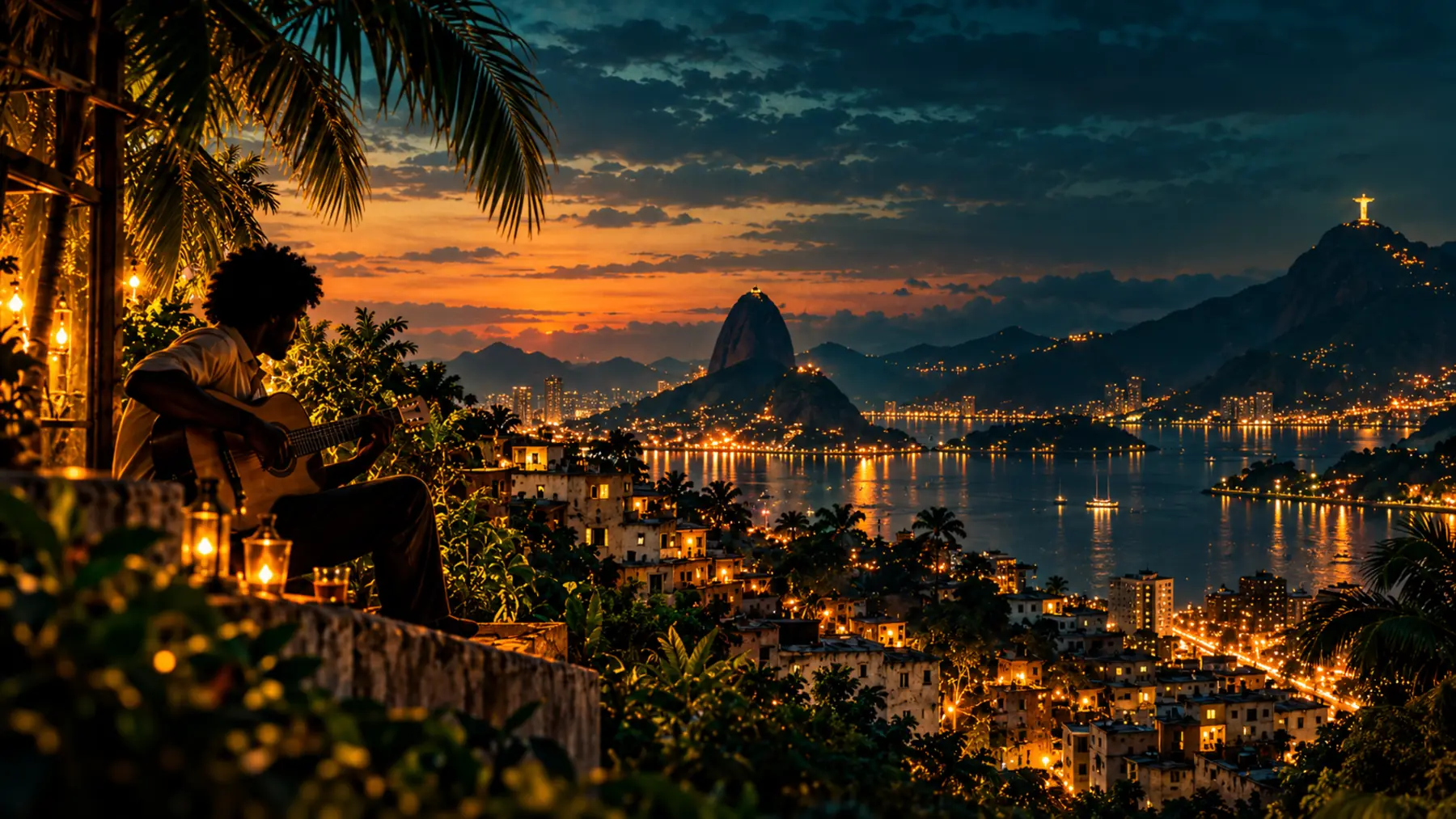 Un musicien joue de la guitare sur une terrasse tropicale dominant Rio de Janeiro à la nuit tombante