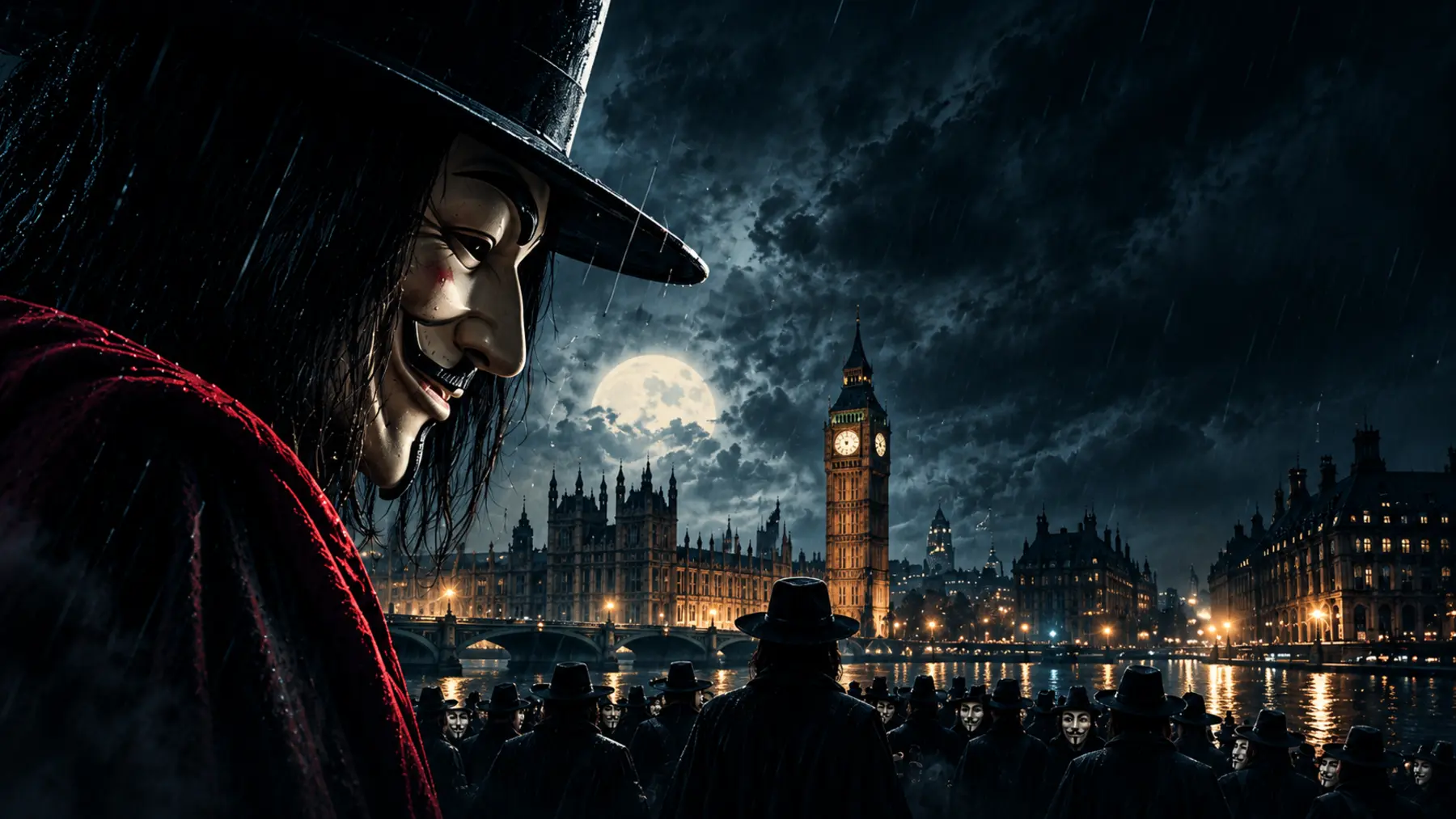 Personnage masqué dominant Londres sous la pluie, face à Big Ben et à une foule nocturne